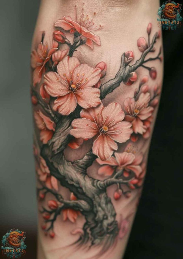 Sakura blossom tattoo with a focus on the delicate petals, symbolizing fragility