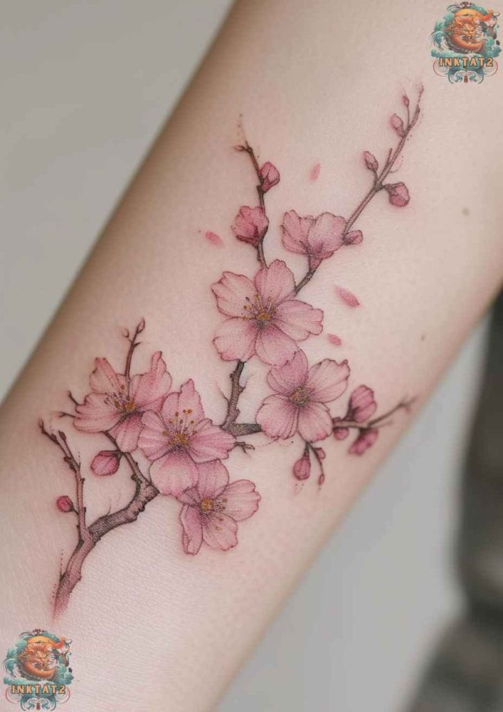 Sakura tree tattoo with a serene and peaceful composition, tranquility and calm