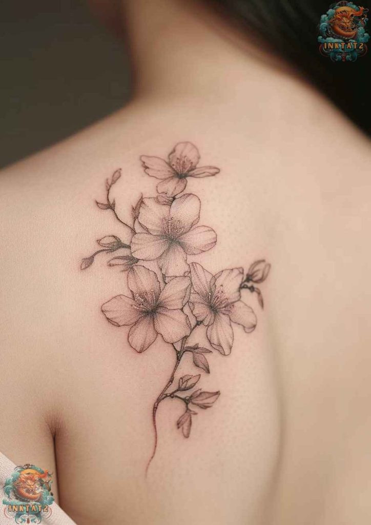 Sakura blossom tattoo with a soft and gentle color gradient, delicate beauty