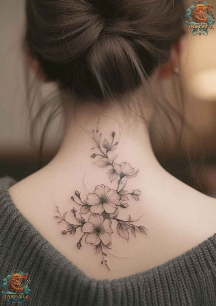 Sakura tree tattoo with a winding branch structure, life's intricate path