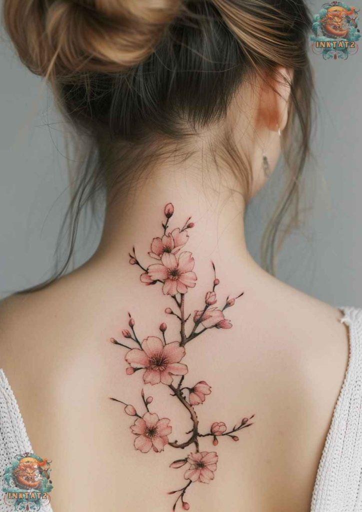 Sakura blossom tattoo with a flowing branch design, growth and vitality