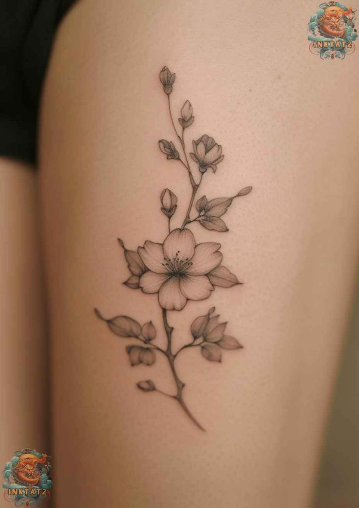 Cherry blossom tree tattoo with a design that incorporates Japanese calligraphy for &quot;mortality&quot; within the tree design.