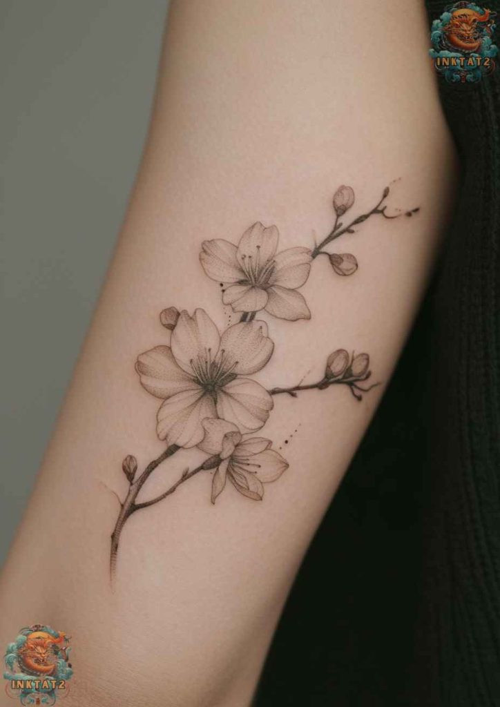 Sakura blossom tattoo with a focus on the flower's center, intricate detail