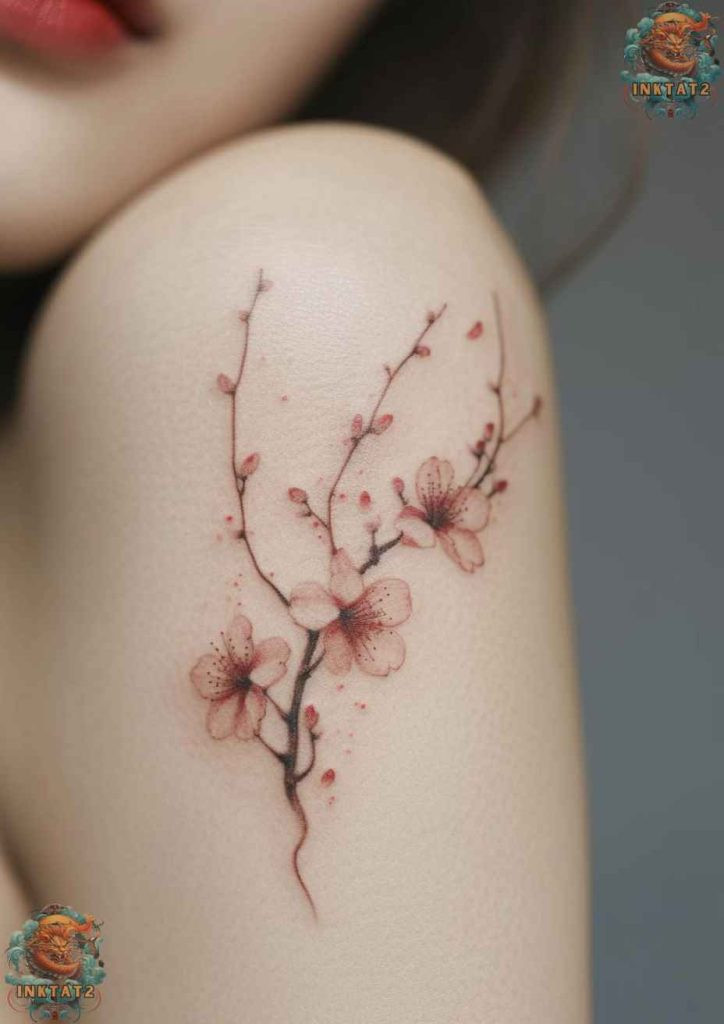 Sakura tree tattoo with a serene and peaceful composition, tranquil beauty