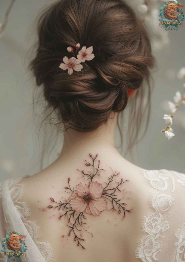 Sakura blossom tattoo with a scattering of petals, symbolizing fleeting moments