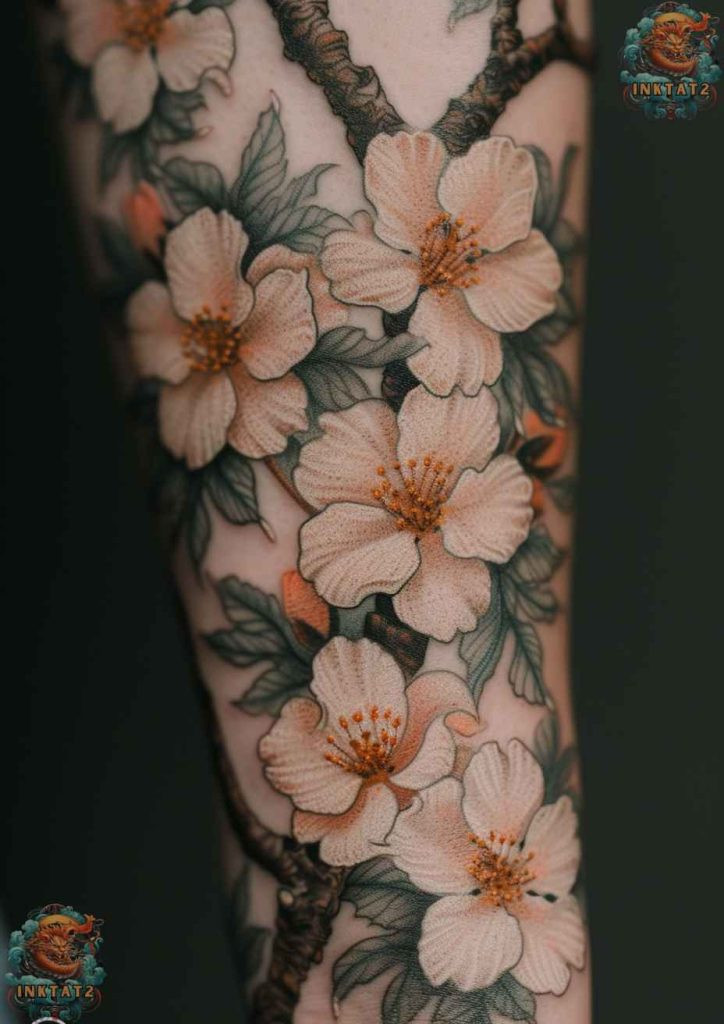 Sakura blossom tattoo with a vibrant pink and red color palette, passion and life