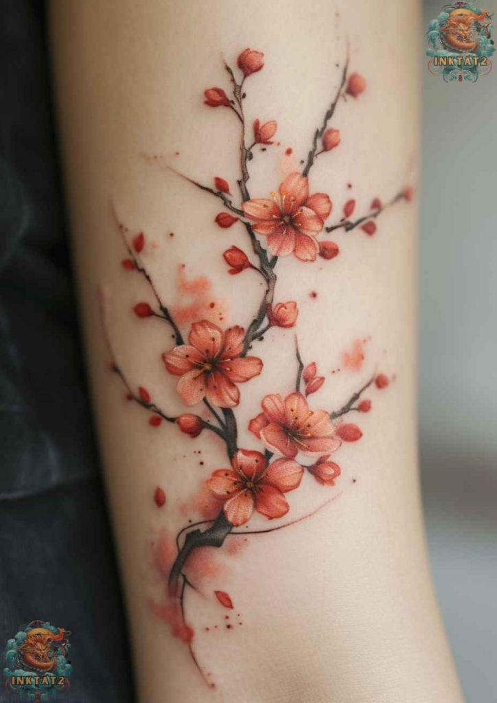 Cherry blossom tree tattoo with a design that features a skeleton hand holding a cherry blossom branch, representing mortality.