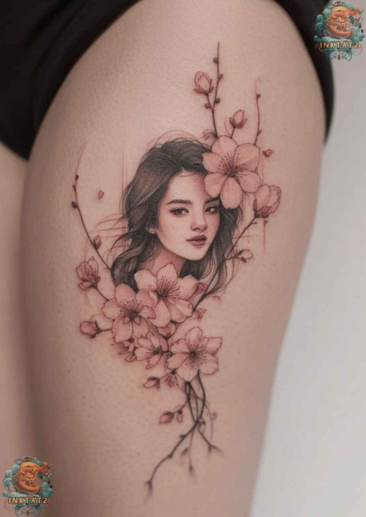 Cherry blossom tree tattoo with a design that incorporates a skull among cherry blossoms, symbolizing life and death.