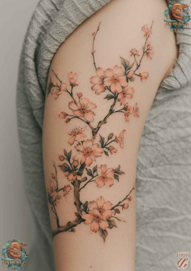 Cherry blossom tree tattoo with a design that features a phoenix rising from ashes and cherry blossoms, symbolizing rebirth after mortality.