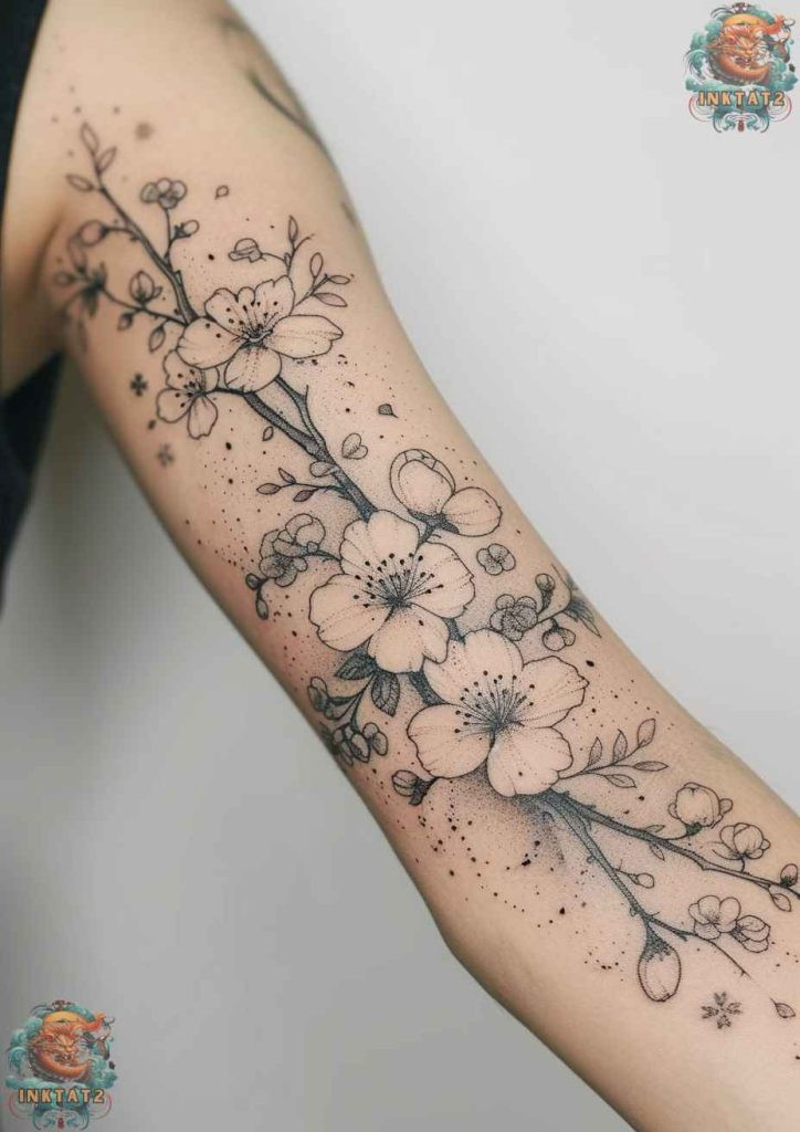 Cherry blossom tree tattoo with a design that incorporates a lotus flower and cherry blossoms, representing spiritual mortality and rebirth.