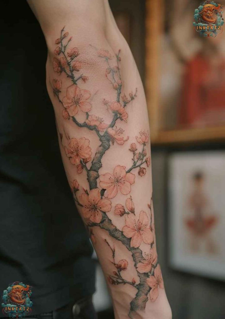 Sakura blossom tattoo with a watercolor effect, soft and artistic style