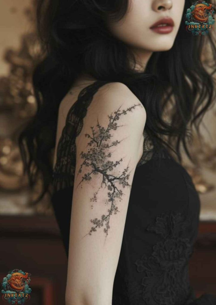 Sakura tree tattoo with a traditional art style, bold and impactful design