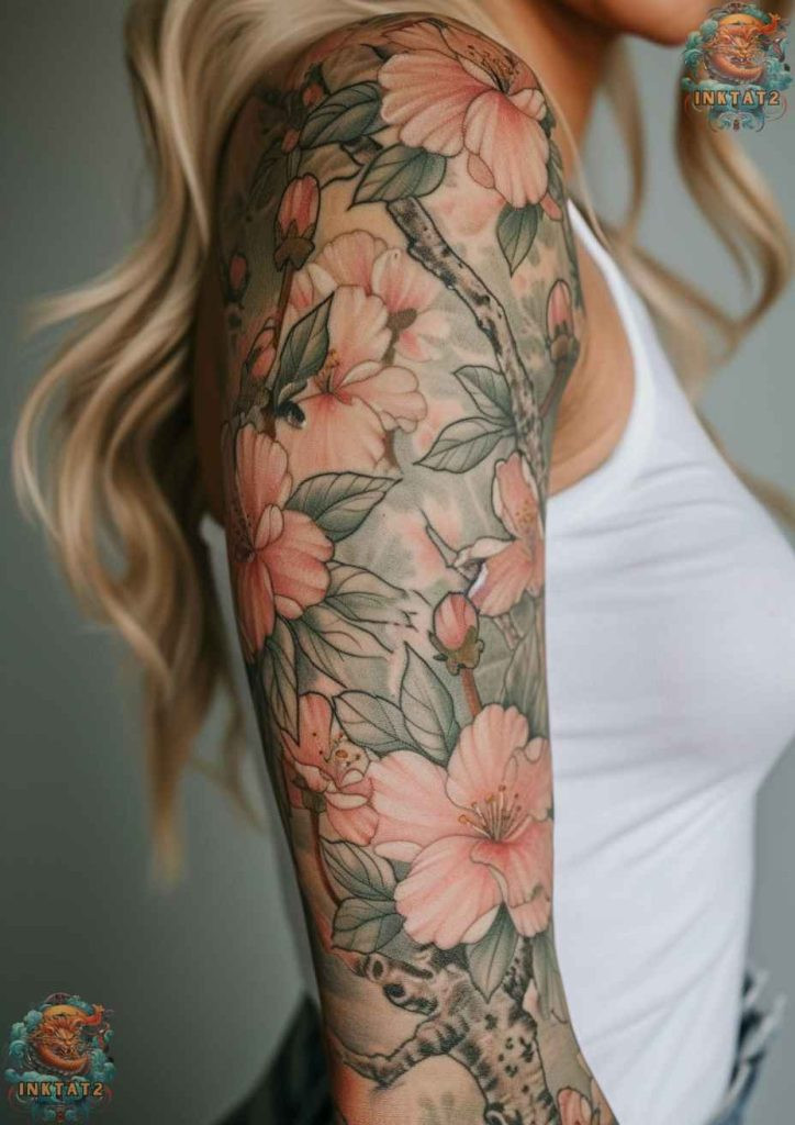 Sakura blossom tattoo with a vibrant pink and purple color palette, vivid life