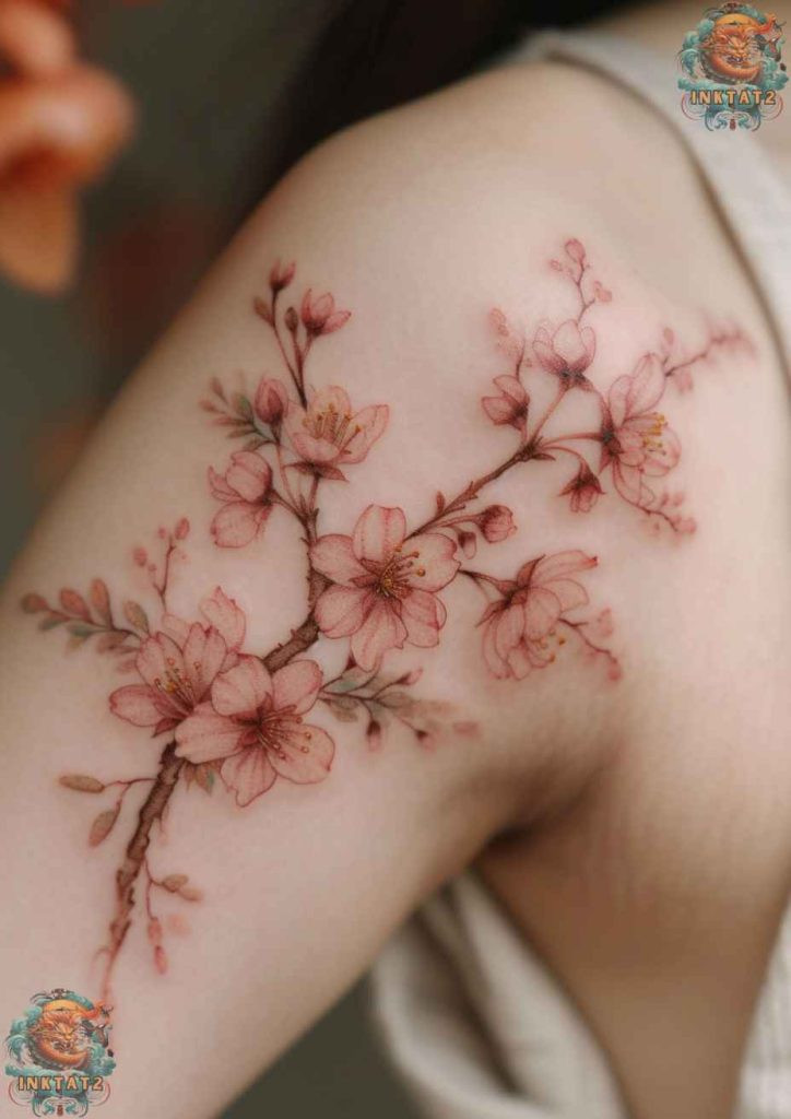 Cherry blossom tree tattoo with a design that uses soft, fading colors to represent the gentle transition of life to mortality.