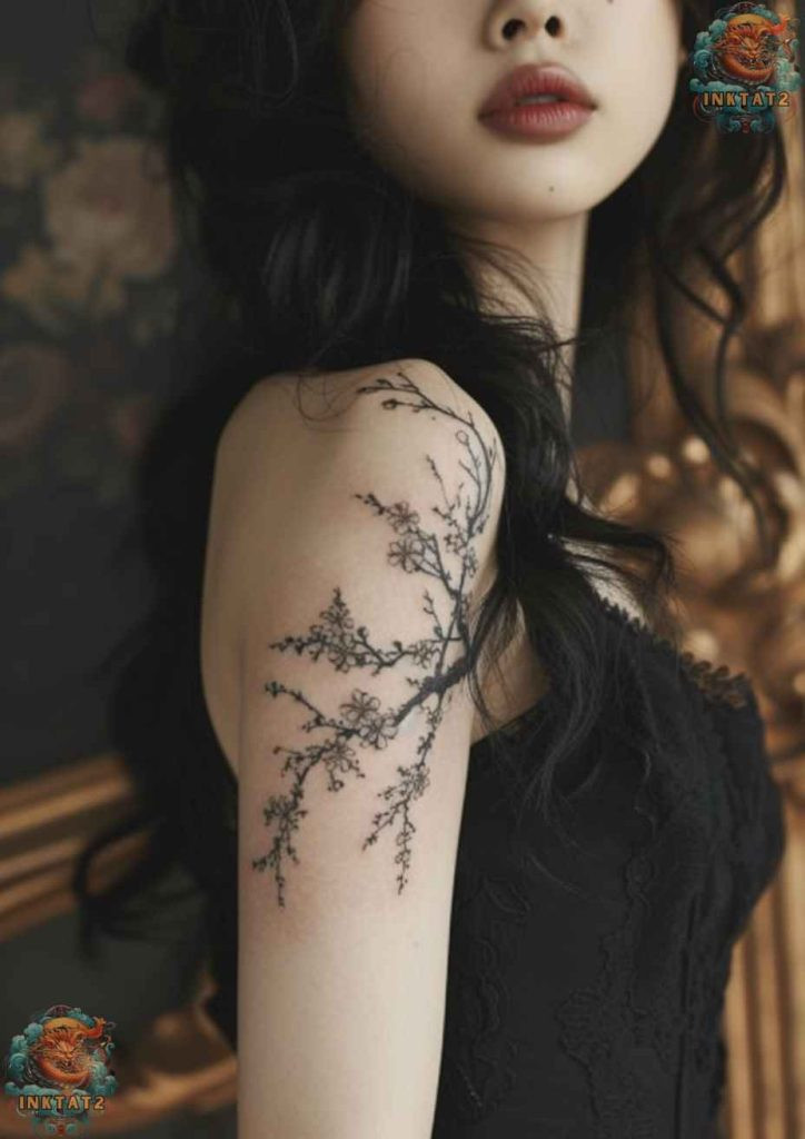 Cherry blossom tree tattoo with a design that incorporates a yin and yang symbol with cherry blossoms and skulls, balancing life and mortality.