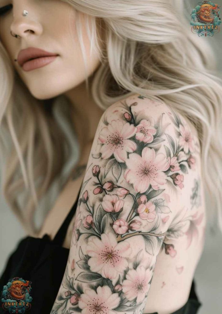 Sakura blossom tattoo with a scattering of petals, symbolizing fleeting beauty