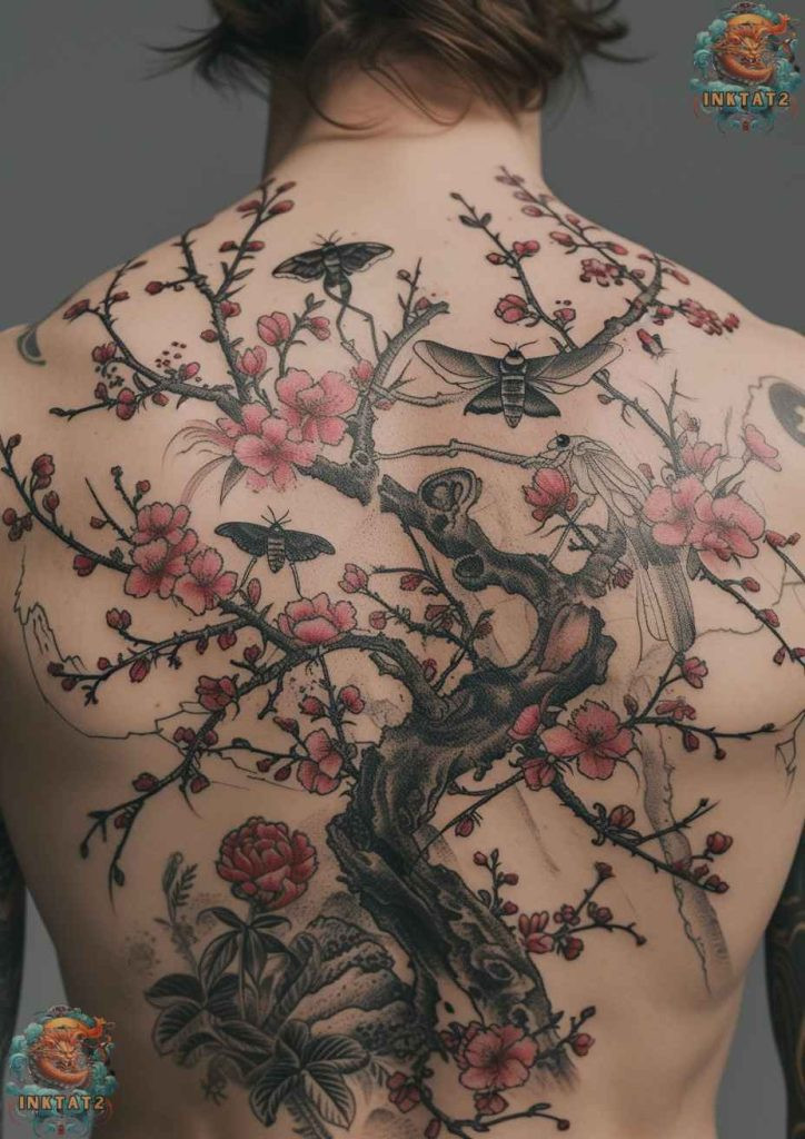 Sakura blossom tattoo with a detailed petal arrangement, natural beauty focus