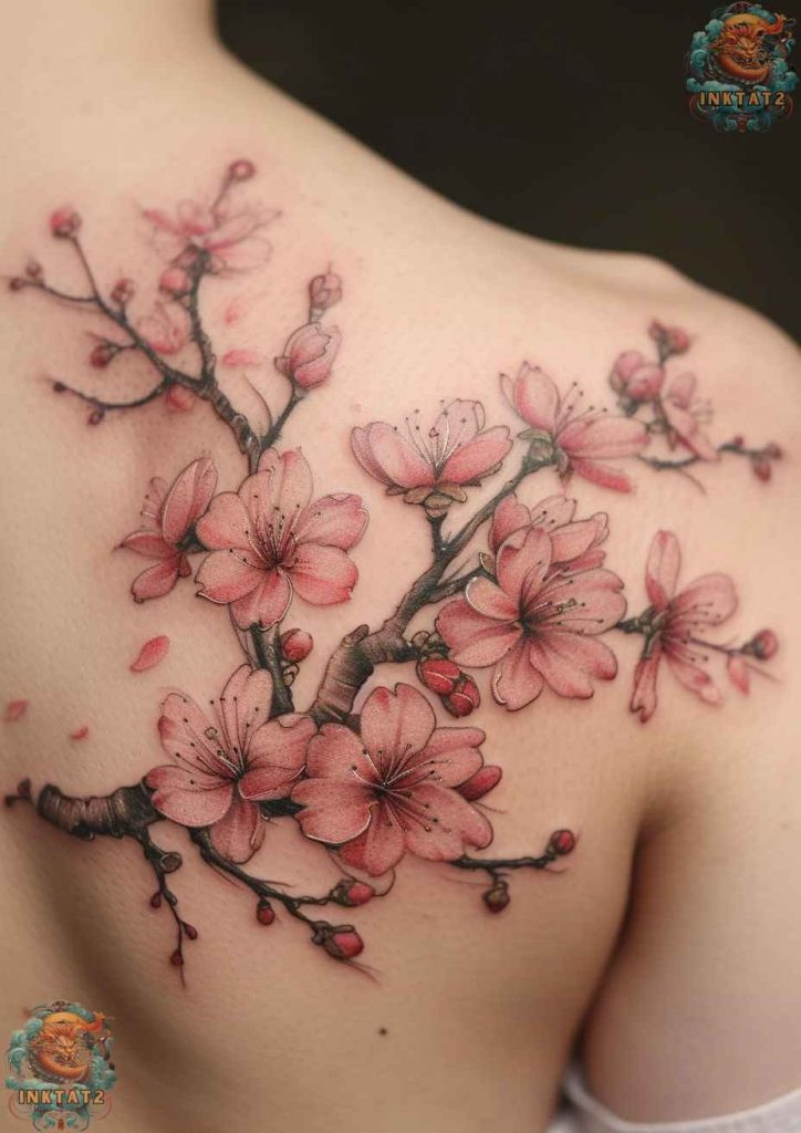 Sakura blossom tattoo with a focus on the flower's center, intricate beauty