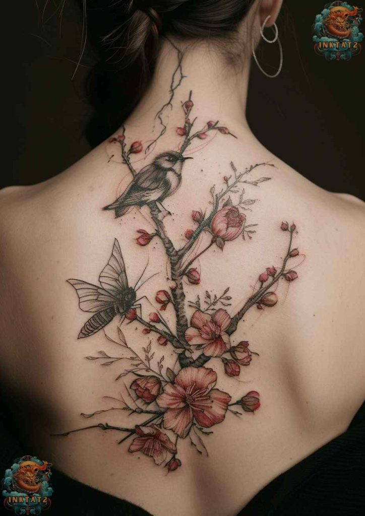 Cherry blossom tree tattoo with a design that incorporates a mandala pattern with cherry blossoms and skulls, symbolizing cyclical mortality.