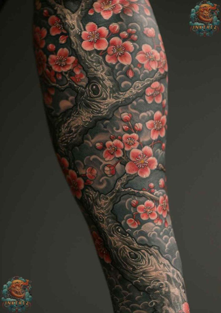 Sakura tree tattoo with a serene and peaceful composition, tranquil beauty