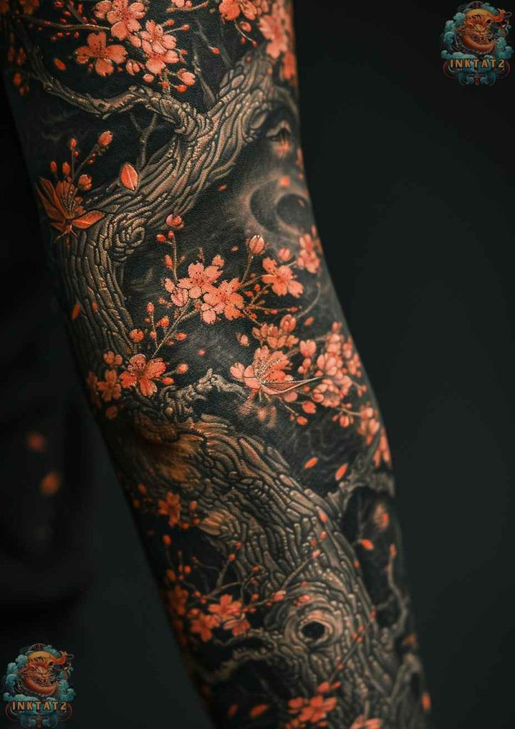 Sakura blossom tattoo with a focus on the flower's center, intricate detail