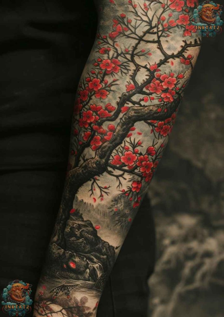 Cherry blossom tree tattoo with a design that features a hummingbird drinking from a cherry blossom near a skull, symbolizing life and mortality side by side.