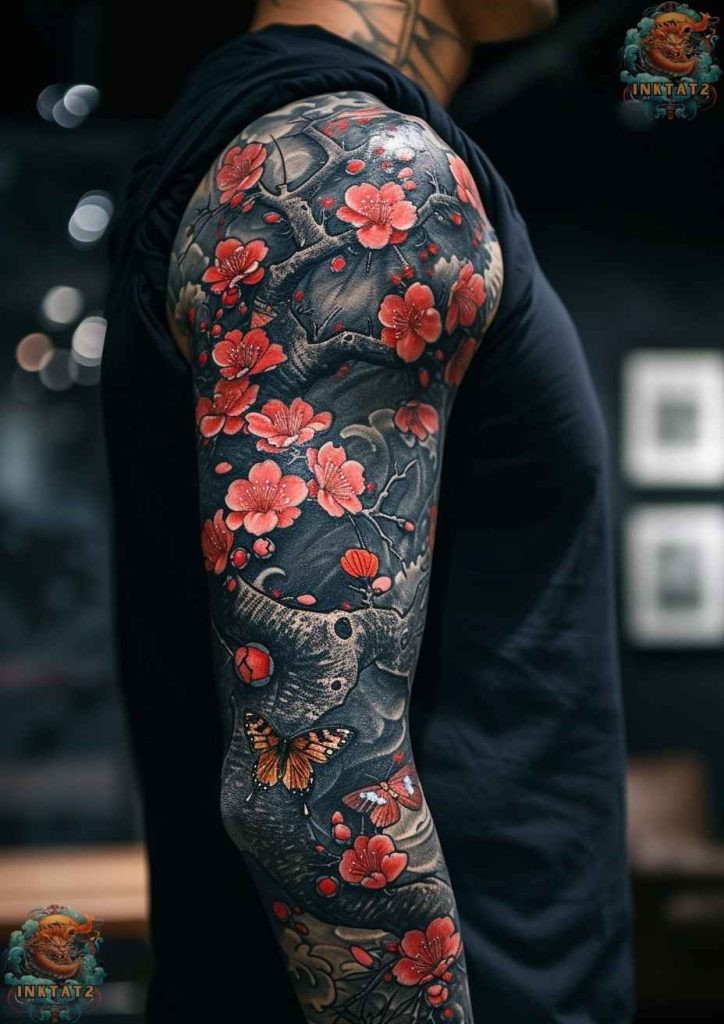 Cherry blossom tree tattoo with a design that features a geisha with cherry blossoms, symbolizing feminine beauty enduring beyond mortality.