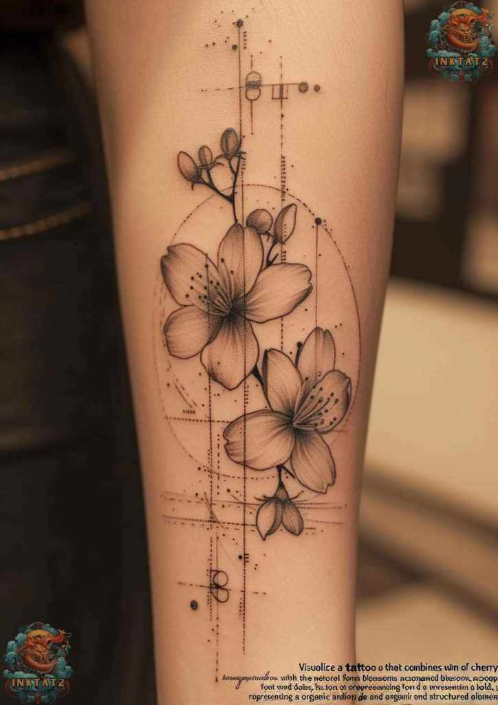 Sakura tree tattoo with a scattering of petals and leaves, natural flow and grace