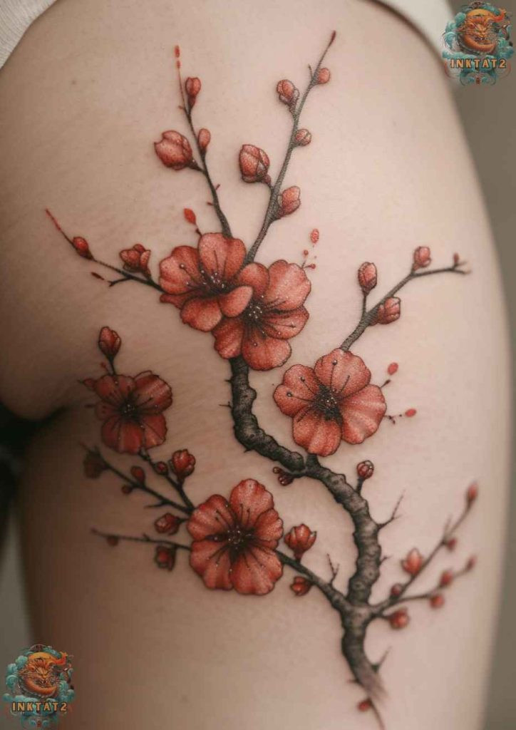 Sakura tree tattoo with a vibrant pink and purple color scheme, vivid beauty