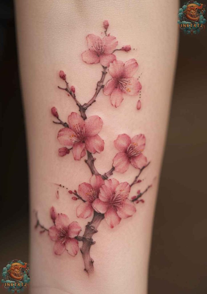 Sakura tree tattoo with a vibrant pink and red color scheme, passion and vitality