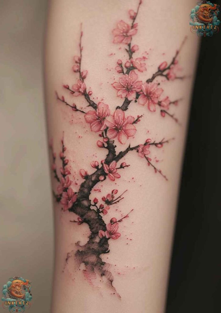 Cherry blossom tree tattoo with a branch that gracefully wraps around the ankle.