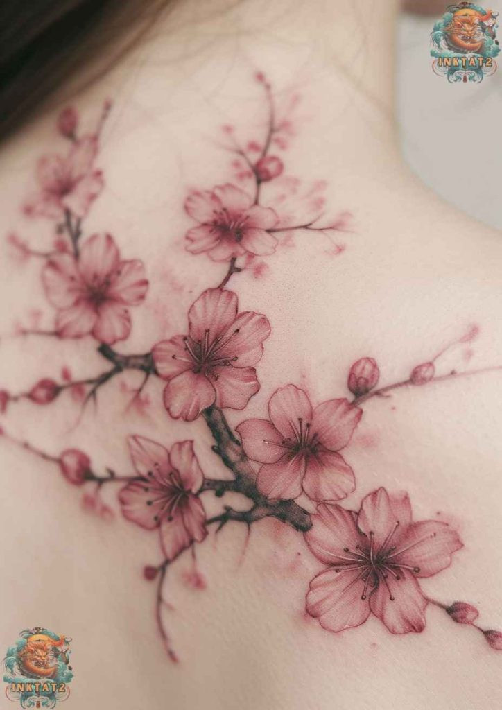 Cherry blossom tree tattoo with a design that features a cherry blossom tree with roots forming a skull, symbolizing life rooted in mortality.