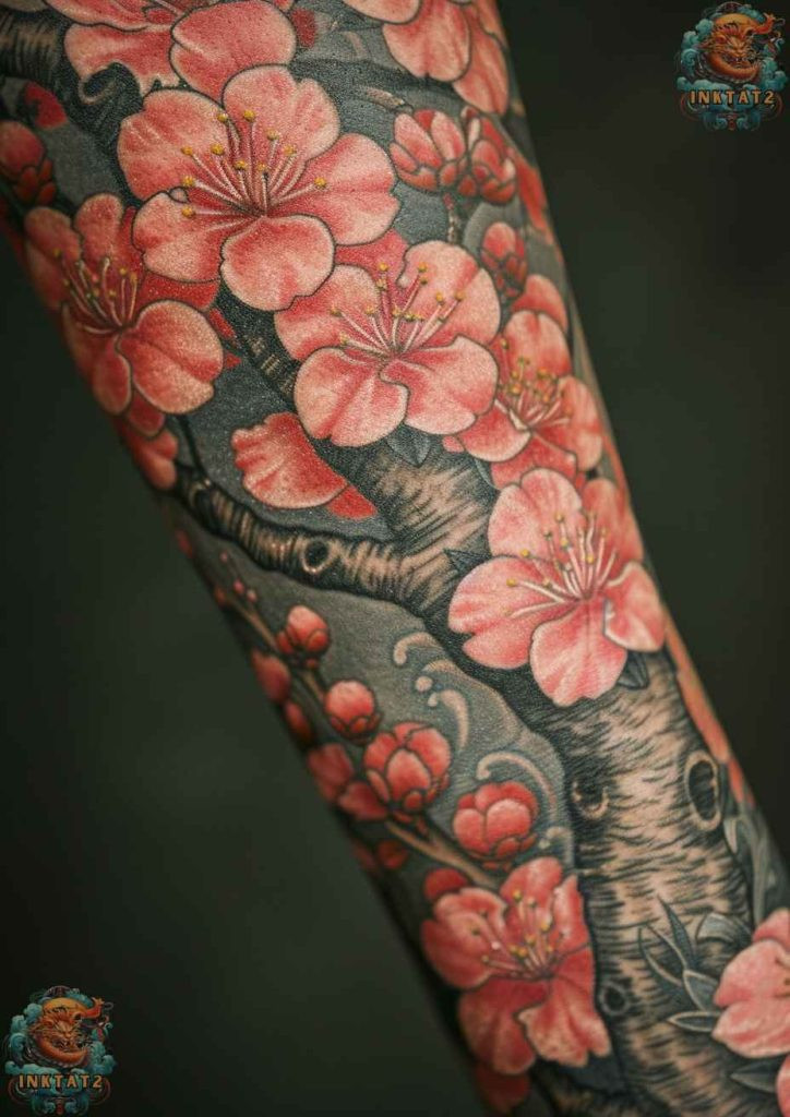 Sakura tree tattoo with a focus on the trunk's strength, resilience, growth