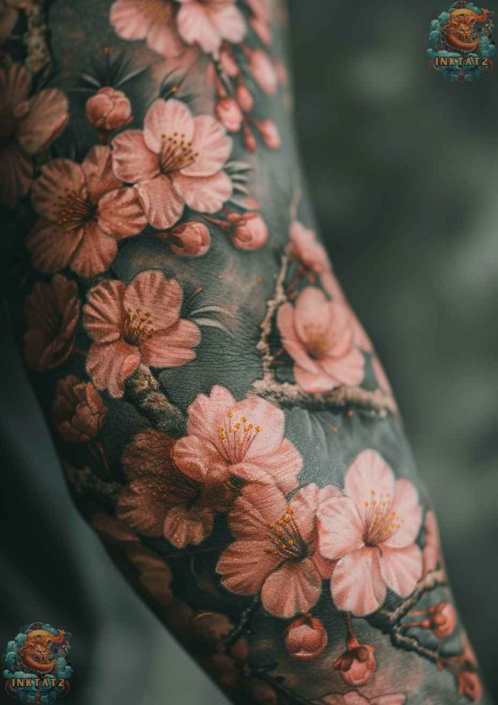 Cherry blossom tree tattoo with a design that incorporates a compass and map with cherry blossoms and skulls, symbolizing navigating life and mortality.