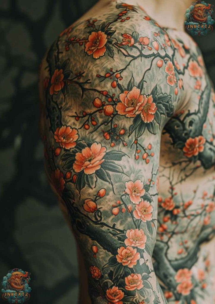 Sakura blossom tattoo with a watercolor effect, soft and artistic style