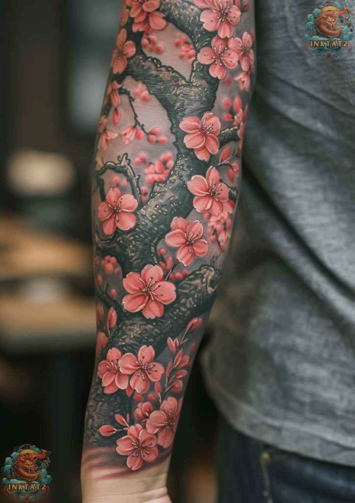 Cherry blossom tree tattoo with a design that incorporates a crescent moon and skull with cherry blossoms, symbolizing cyclical change and mortality.