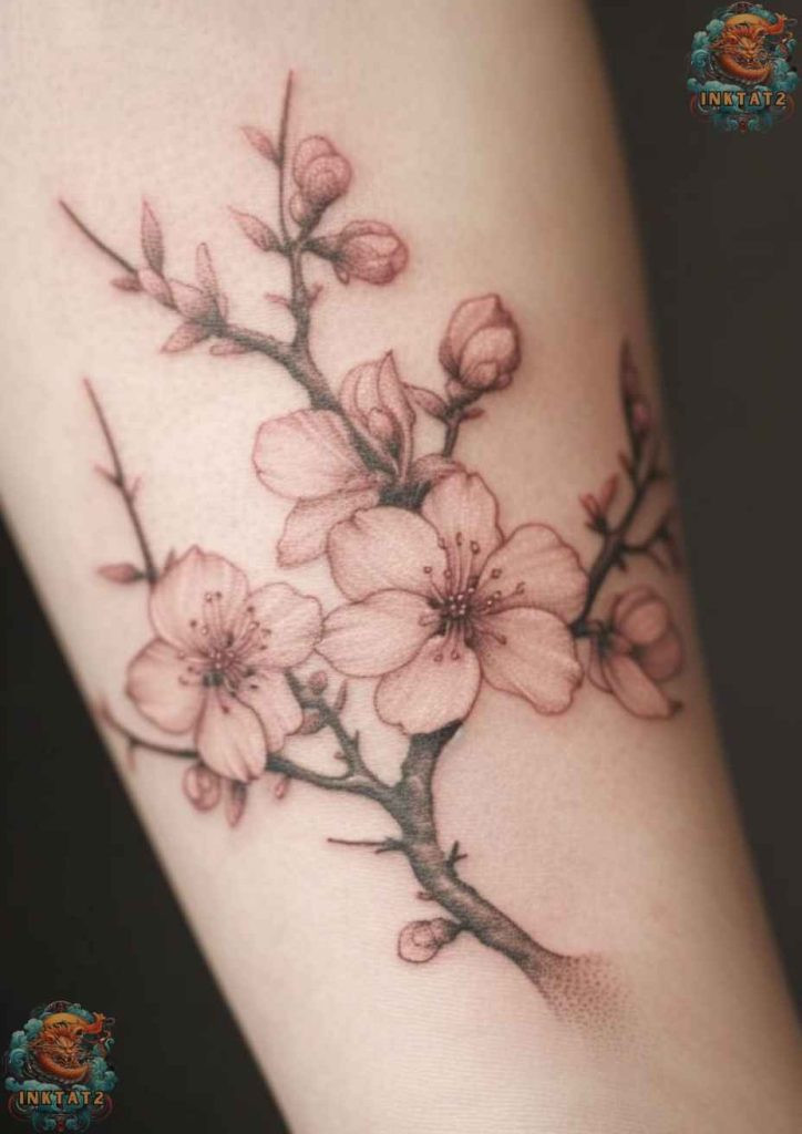 Cherry blossom tree tattoo with a design that incorporates a dreamcatcher element.