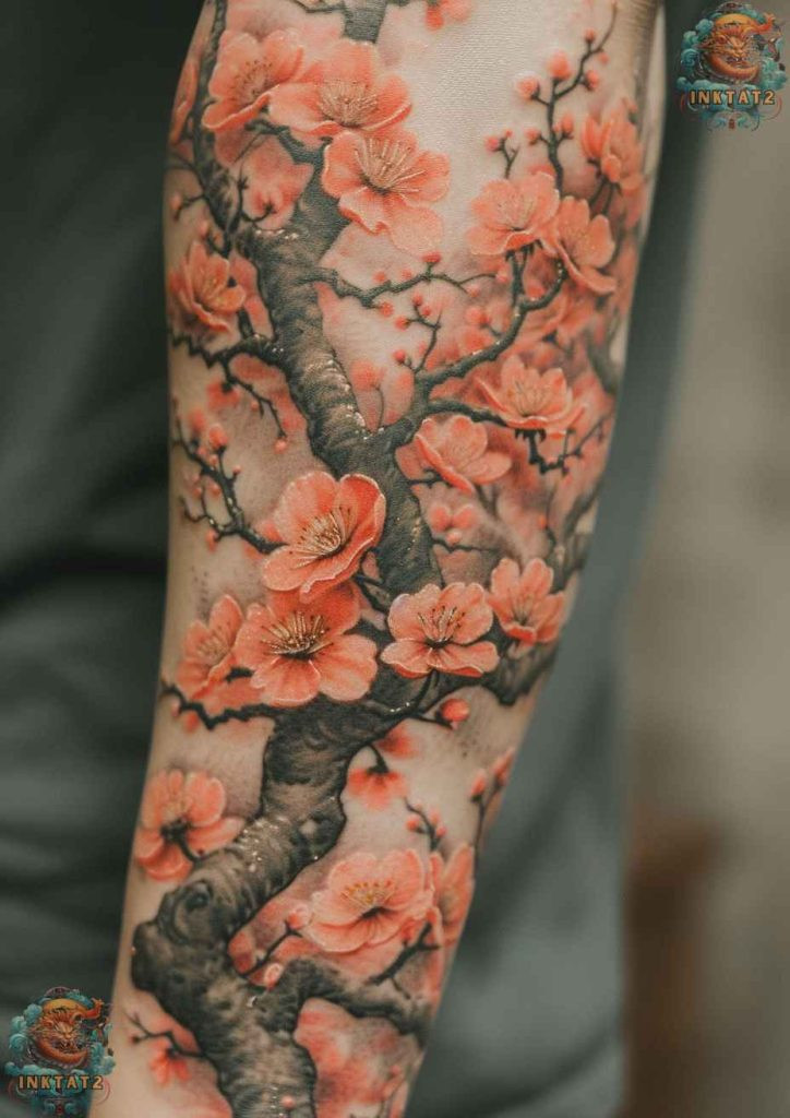 Cherry blossom tree tattoo with a design that features a feather falling onto a skull surrounded by cherry blossoms, symbolizing gentle passing into mortality.