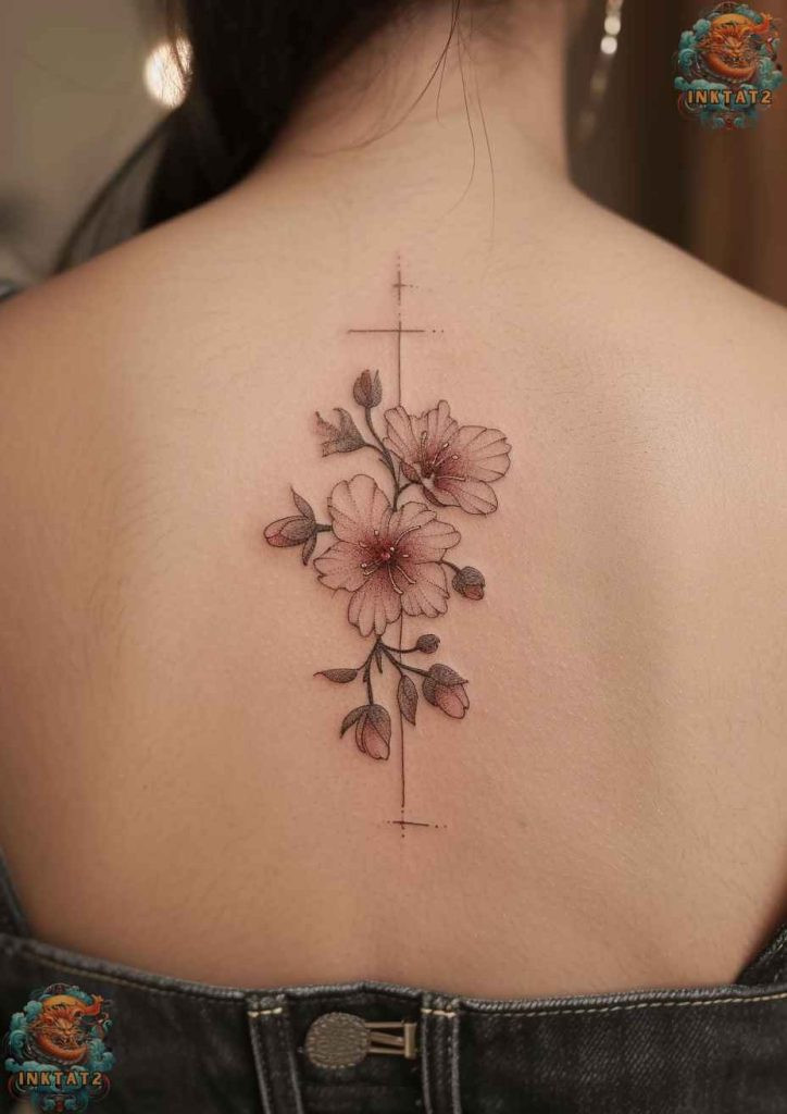 Cherry blossom tree tattoo with a design that incorporates a yin and yang symbol merging cherry blossoms and skulls, balancing life, death, and cyclical existence.