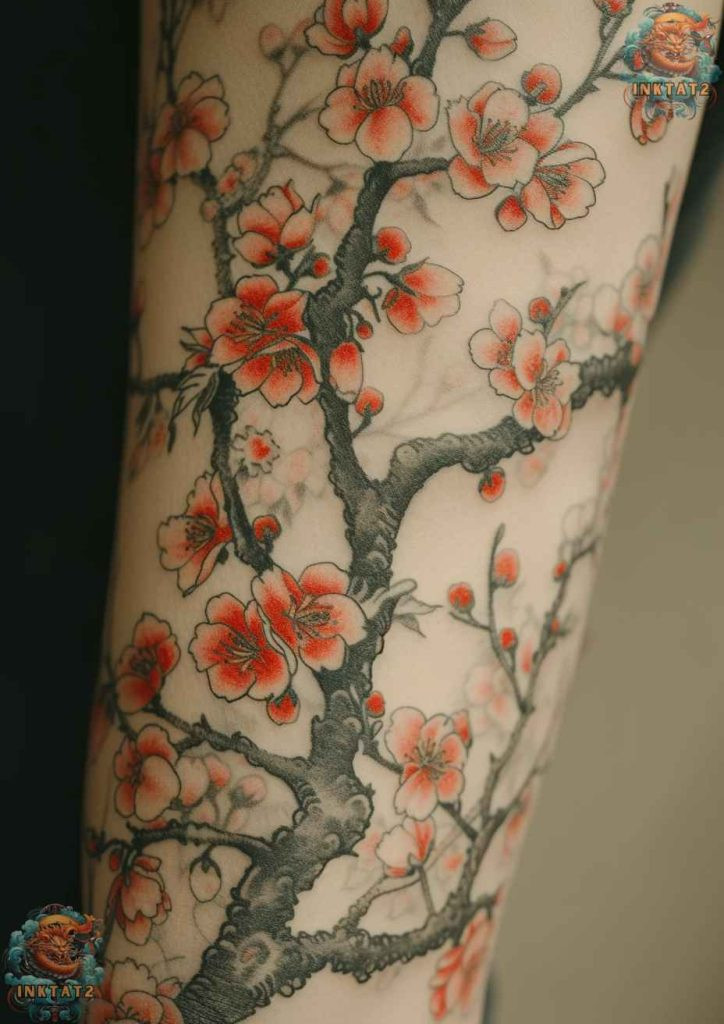 Cherry blossom tree tattoo with a branch that extends across the fingers and hand.