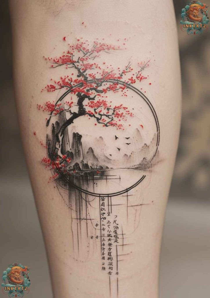 Cherry blossom tree tattoo with a design that incorporates a paper crane carrying a skull and cherry blossom, symbolizing hope and mortality combined.