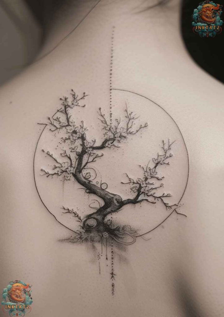 Cherry blossom tree tattoo with a design that features a hummingbird and skull among cherry blossoms, symbolizing vibrant life juxtaposed with mortality.