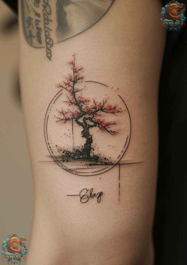 Cherry blossom tree tattoo with a design that features a phoenix rising from a skull surrounded by cherry blossoms, symbolizing powerful rebirth after mortality.