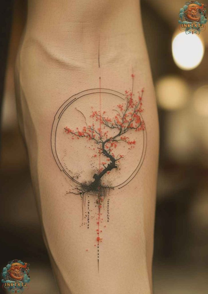 Black and grey cherry blossom tree tattoo with detailed shading.