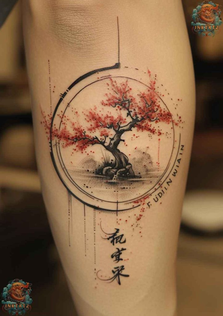 Sakura tree tattoo with falling petals, representing the beauty of impermanence