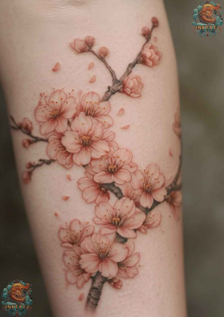 Sakura blossom tattoo with a scattering of petals and leaves, natural flow