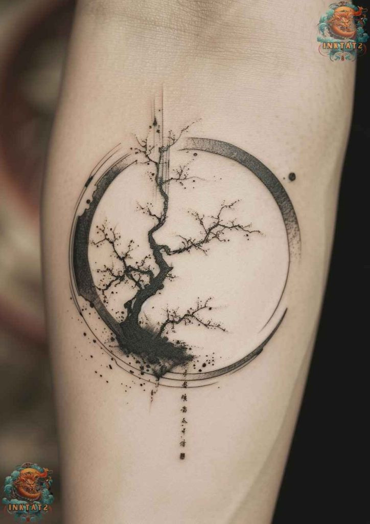 Detailed sakura tree tattoo on the arm, showcasing delicate blossoms and intricate branches