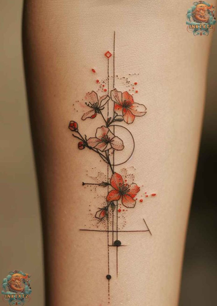 Elegant single cherry blossom branch tattoo on the forearm.