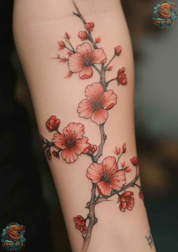 Cherry blossom tree tattoo with a design that uses vibrant pink and red hues for a bold statement.