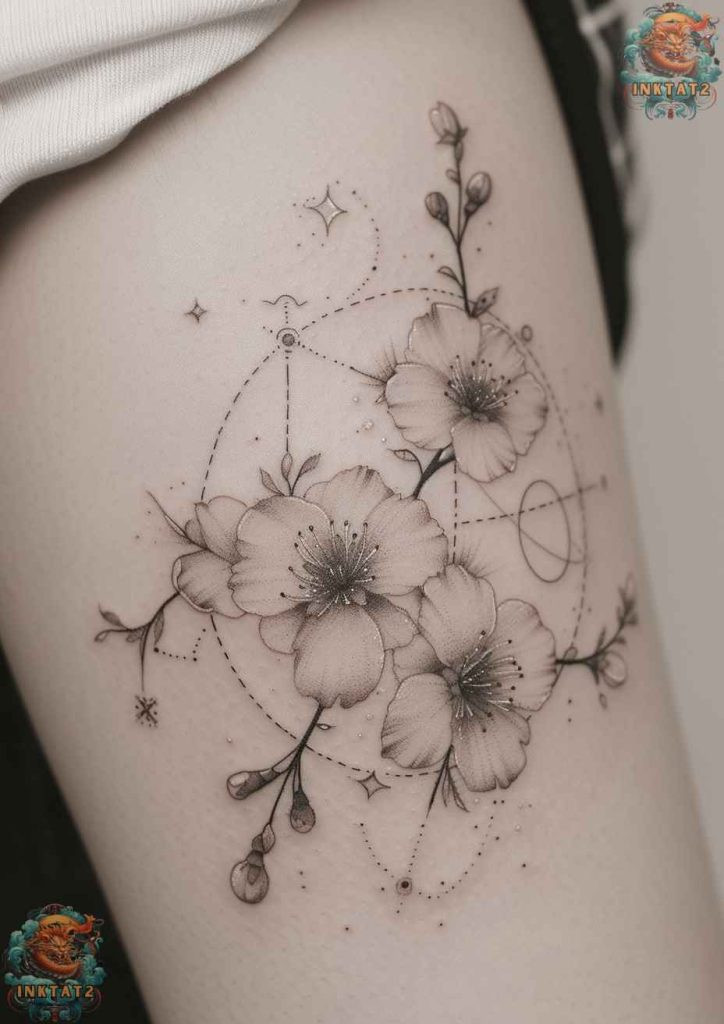 Artistic sakura tree tattoo with birds, symbolizing freedom and life's journey